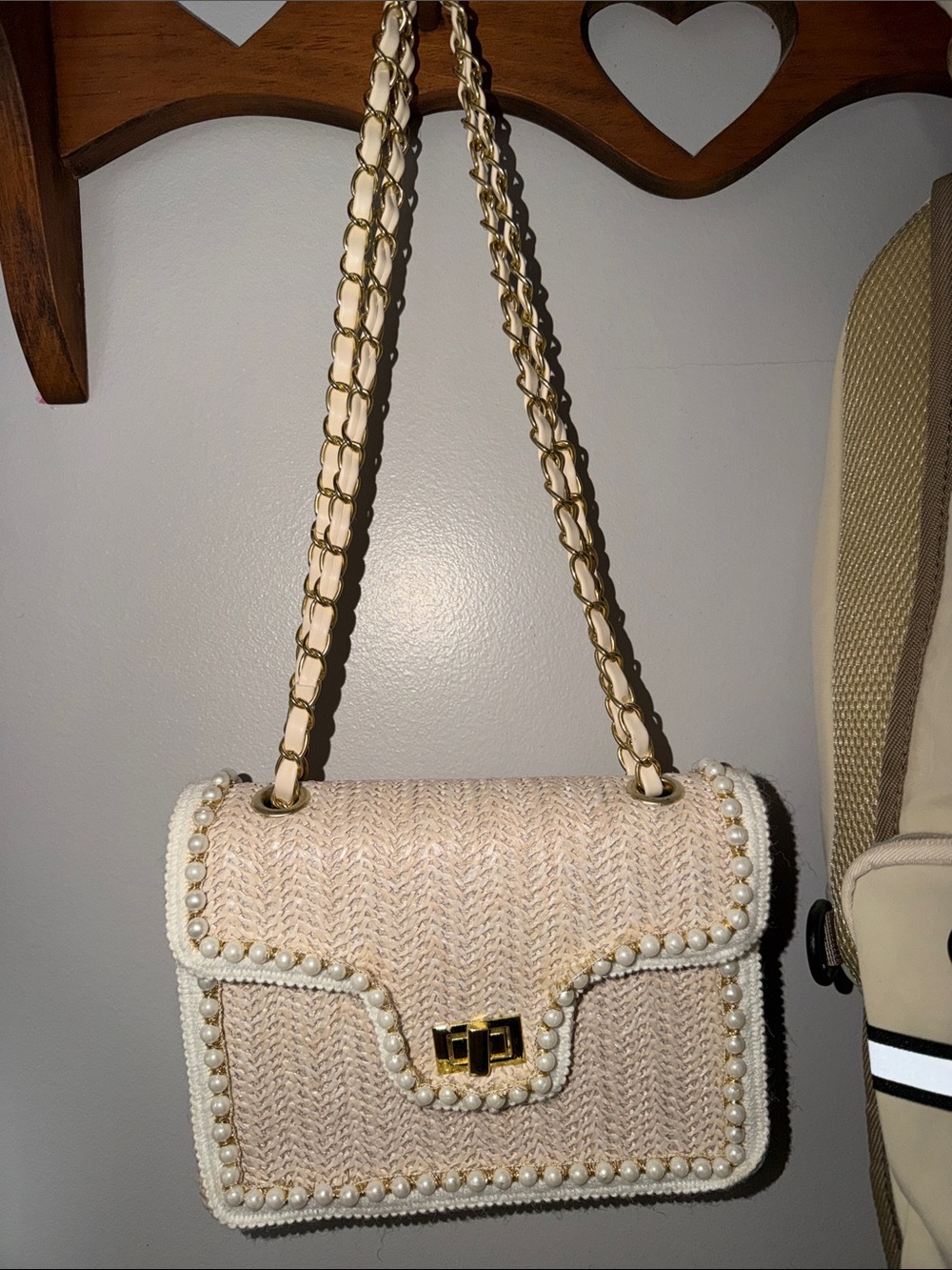 Woven Pearl-Trim Shoulder Bag in Cream